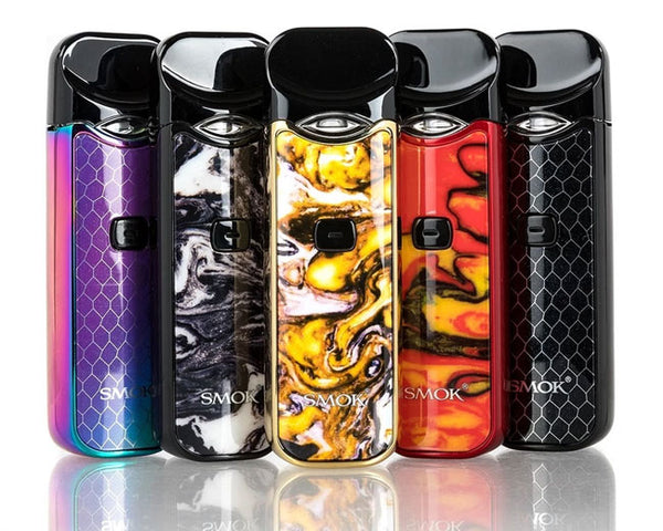 Five colored SMOK Nord types of vaping devices.