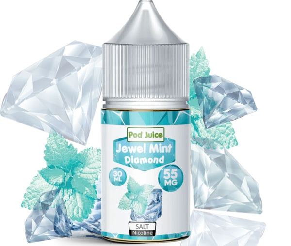 A bottle of Jewel Mint Diamond pod juice with light-turquoise graphics