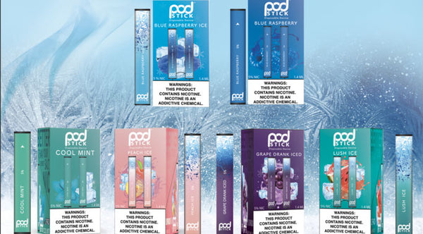 Six double packs of Pod Juice Pod Sticks against a background of ice